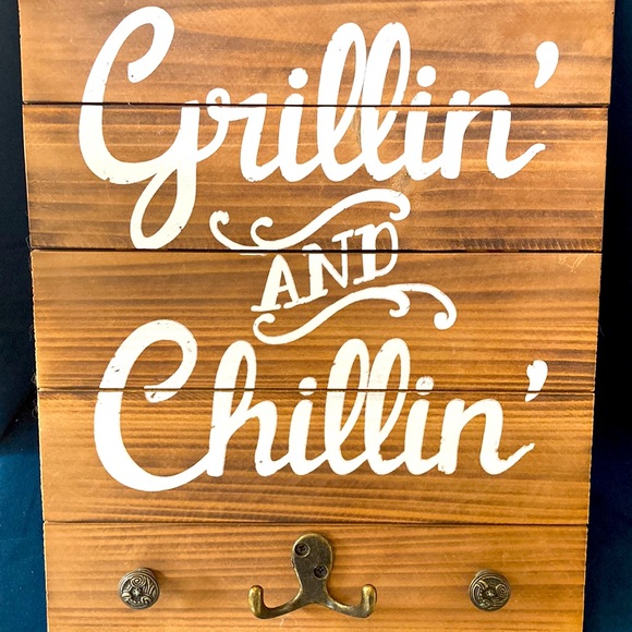 BBQ Grilling summer wooden sign w/utensil hooks Brand New - Picture 1 of 2
